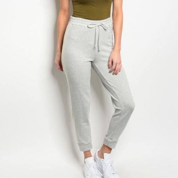 HIGH WAIST STRIPE TERRY JOGGERS in GRAY - Picture 5 of 5